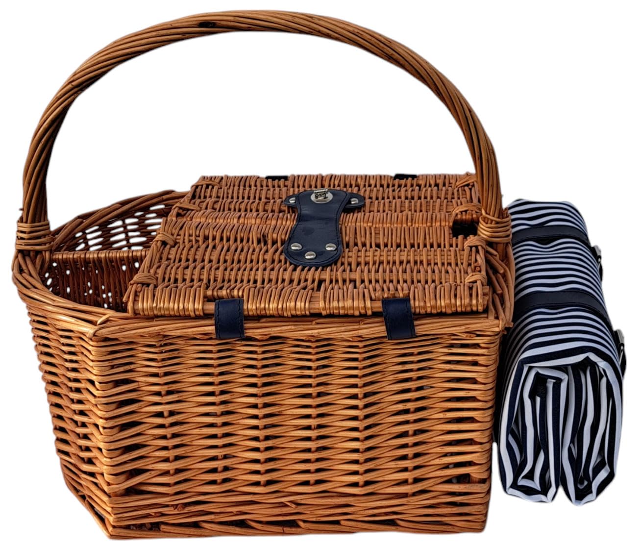 Picknickkorb für 2 Personen mit Picknickdecke, Besteck, Tellern, Weingläsern, Salz & Pfeffer, Korkenzieher und Flaschenfach – maritimes Design