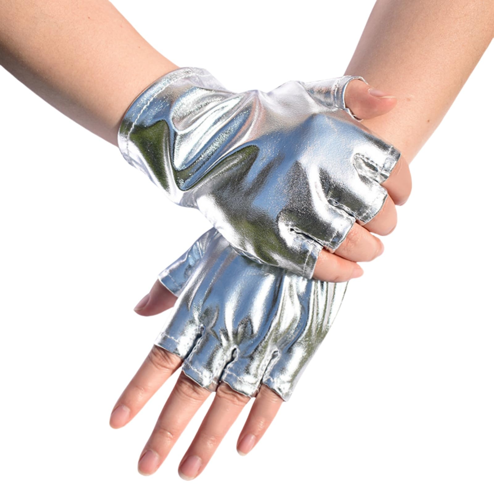 Hybursky Unisex Silver Pu Leather Fingerless Gloves For Men Women Half Finger Short Glove Shiny Metallic Wetlook Punk Gloves Cosplay Hollow Dance Mittens 80'S Disco Party Costume,