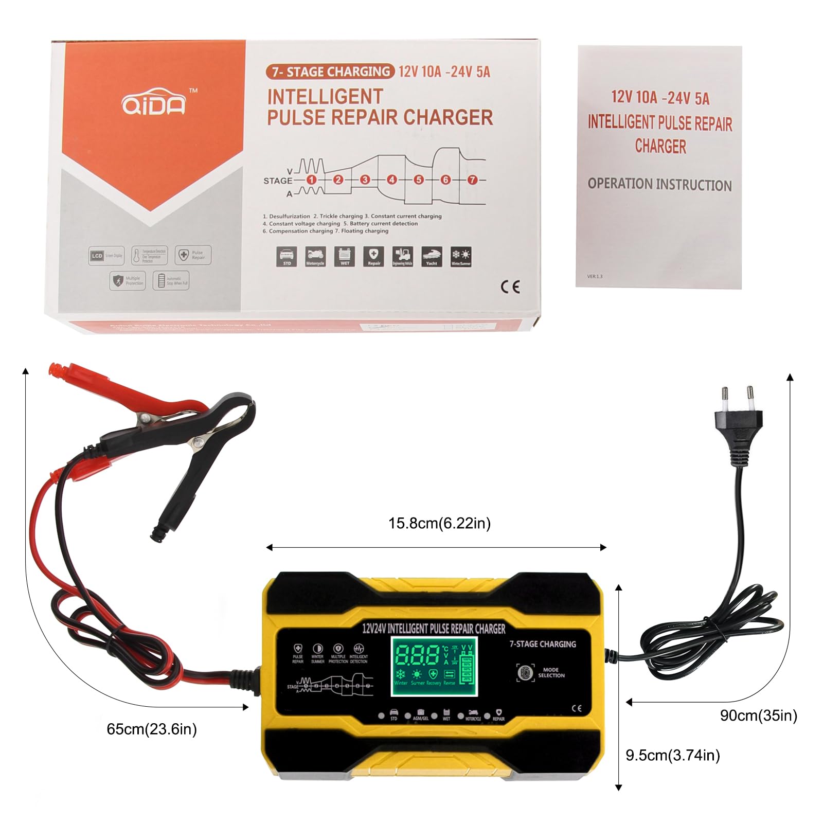 YDBAO Caricabatteria Auto di Carica 10A 12V/24V Caricabatterie Auto Moto con Schermo LCD Touch Multi Protezioni 5 Modalità di Ricarica Caricabatterie per Auto Moto AGM