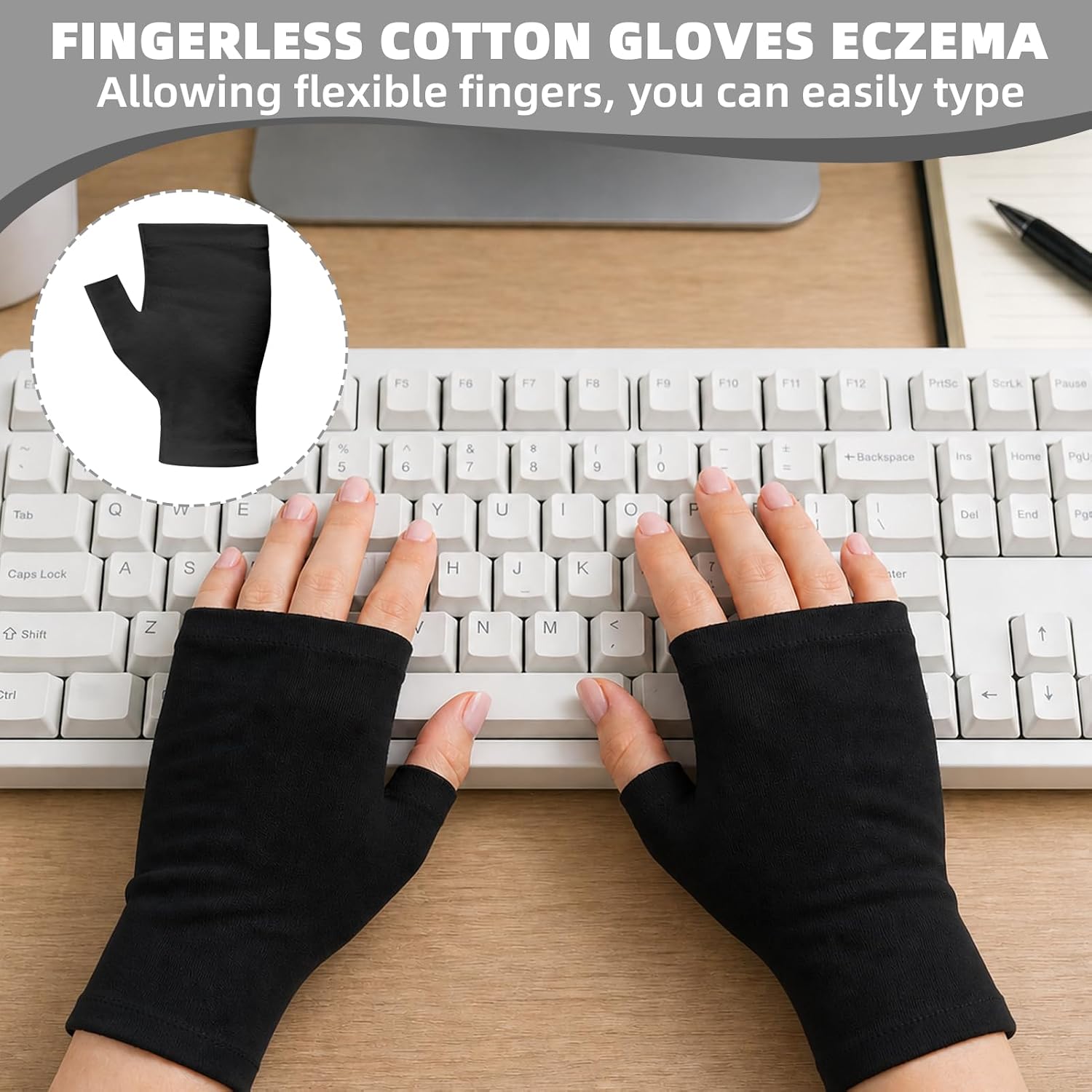 6Pcs Black Cotton Fingerless Gloves, Reusable Eczema Gloves, Moisturizing Gloves Overnight, Cotton Gloves for Dry Hands Sleeping, Hand Moisturizer Gloves, Moisture Gloves, Spa Gloves for Adults