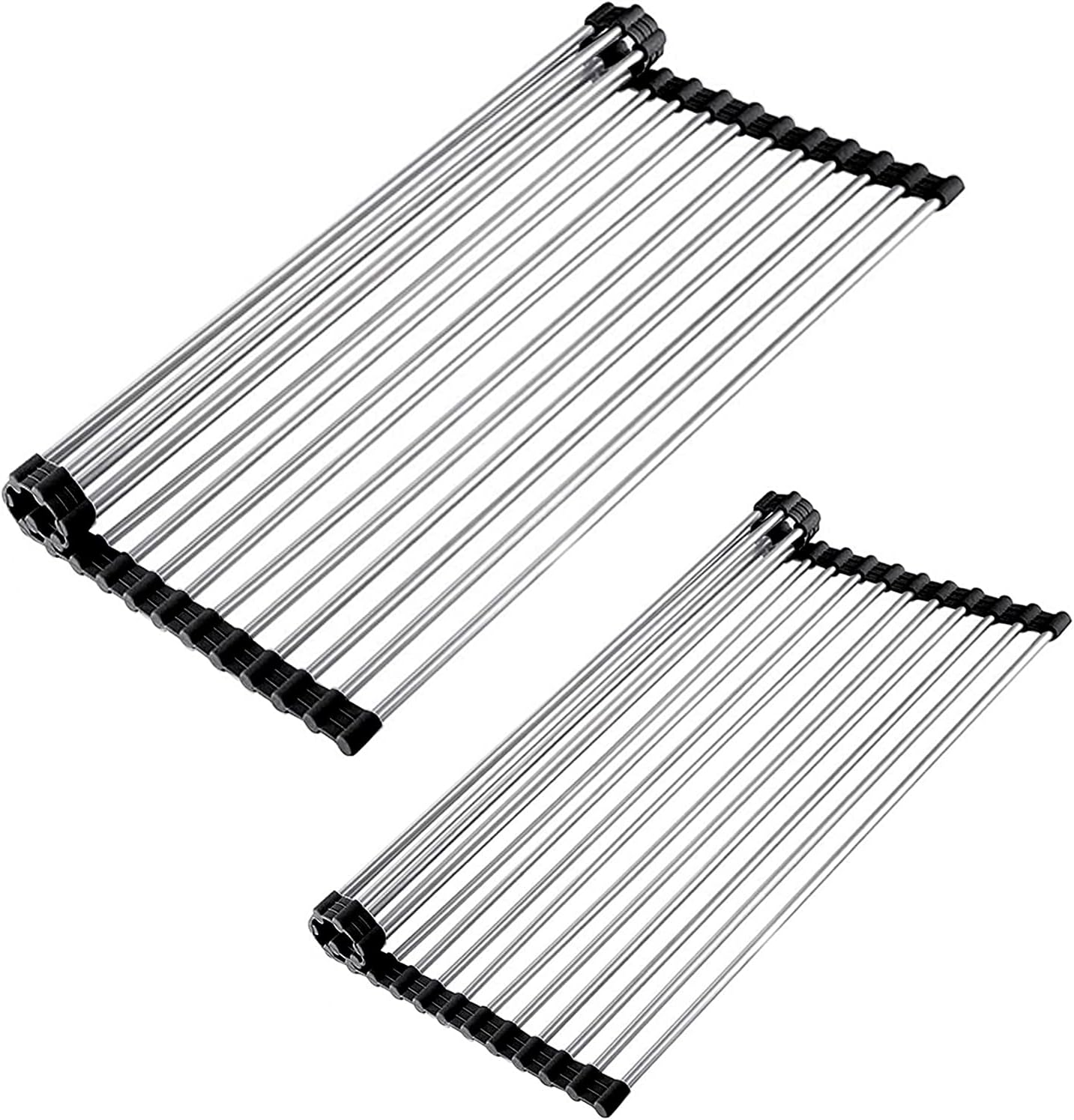 Dish Drying Rack - 2 Pack Multipurpose Stainless Steel Rollup Dish Rack Over The Sink - Foldable Rolling Drying Rack For Dishes Pot Fruit Food Meal Vegetable Kitchen Counter (11x15inch & 11x18.5inch)