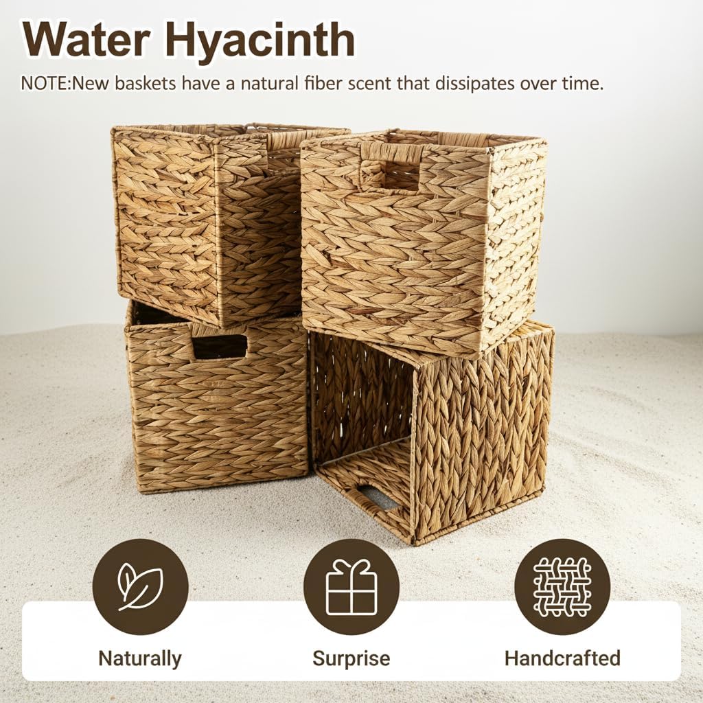 12 Inch Wicker Baskets for Cube Storage,4-Pack Water Hyacinth Woven Baskets, Foldable Cube Storage Bins for Shelf Home Organization,Woven Square Basket Organizers