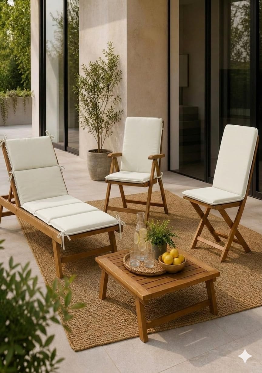 Cuscino per Sdraio da Esterno Imbottito, Materassino Universale Sfoderabile con Laccetti, Copri Sedia Prendisole per Giardino, Piscina e Terrazzo Made in Italy Colore Avorio misure 45x125 cm