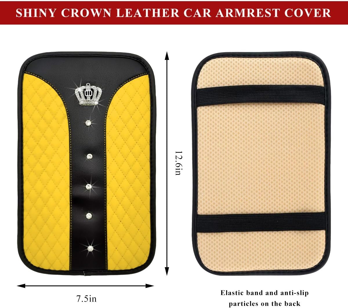 Bling Leather Car Center Console Cover, Anti-Slip Crown Armrest Seat Box Cushion Pad with Rhinestones, Waterproof Crystal Arm Rest Protector Interior Decor for Most Vehicles (Yellow) image 2
