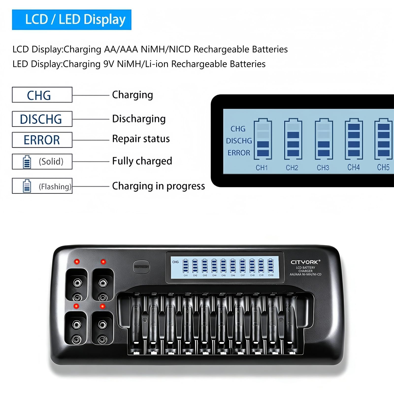 CITYORK Chargeur de batterie universel LCD intelligent 10 + 4 baies pour piles rechargeables AA AAA NIMH/NICD et 9 V NIMH/NICD/Lion rechargeables, charge rapide