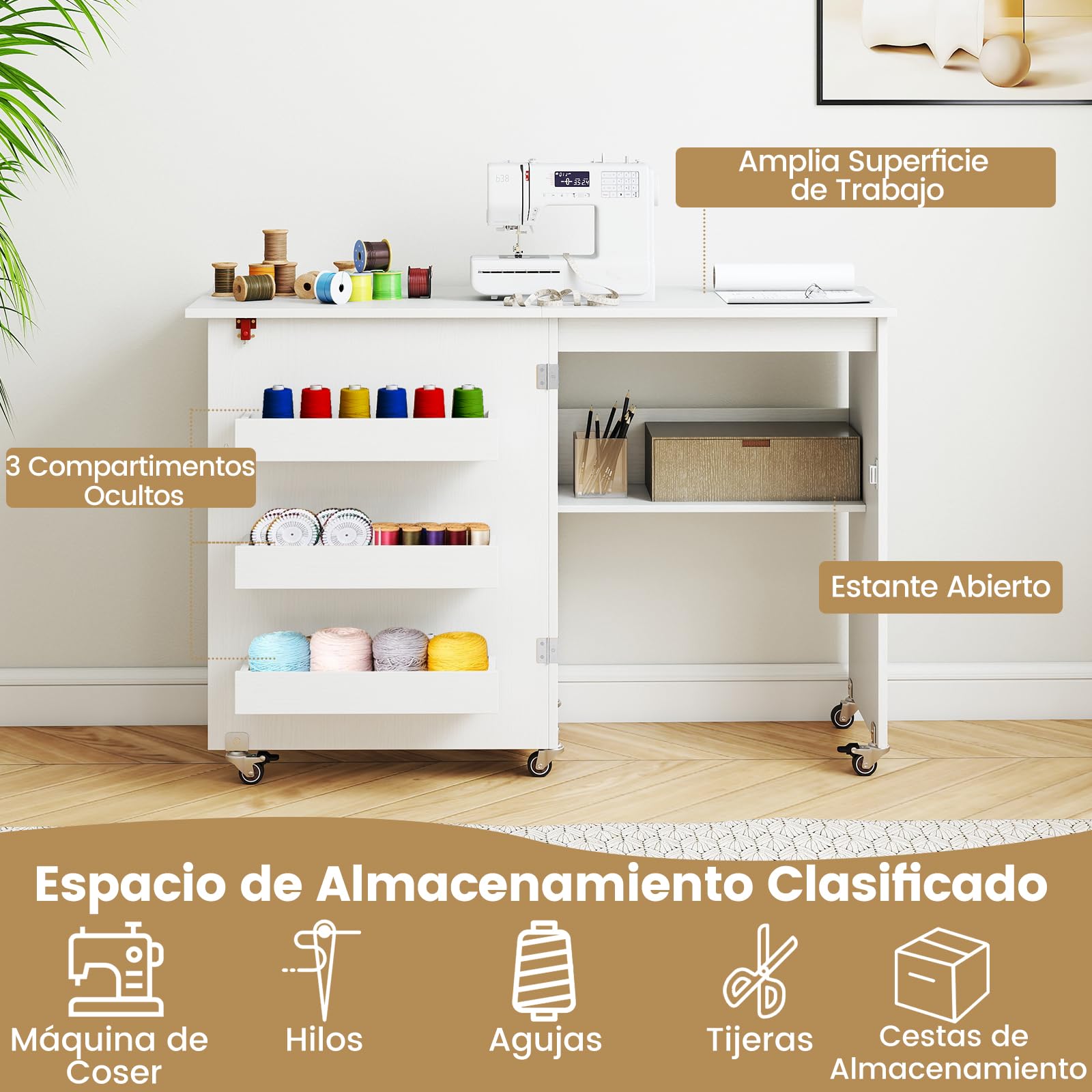GIANTEX Armario de Costura Plegable 2 en 1 con 5 Ruedas, Mesa de Coser con 3 Compartimentos y 1 Estante Abierto, Aspecto de Vetas de Madera, para Dormitorio, Salón y Estudio (Blanco, 118,5x40x79,5cm)