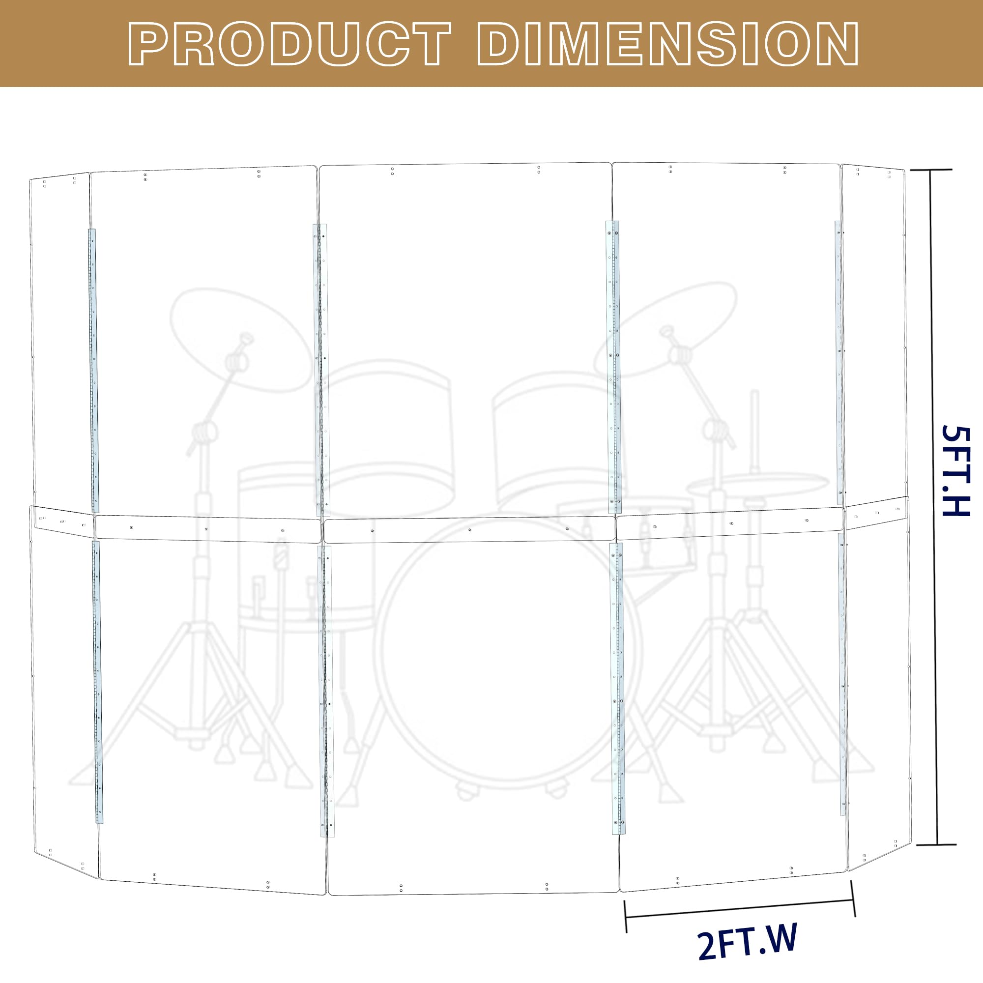 Portable Drum Shield | 5 Panels 2ft x 5ft | Factory-Installed Full-Length Stainless Steel Hinges | Acrylic Drum Sound Barrier | drum cage for Church & Home Use (5 Panels)
