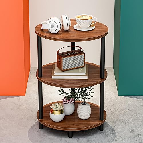Miniatura 17 de Mesa auxiliar redonda pequeña, mesa decorativa ovalada de 3 niveles para espacios pequeños, mesa auxiliar de sofá de madera rústica y metal, mesita