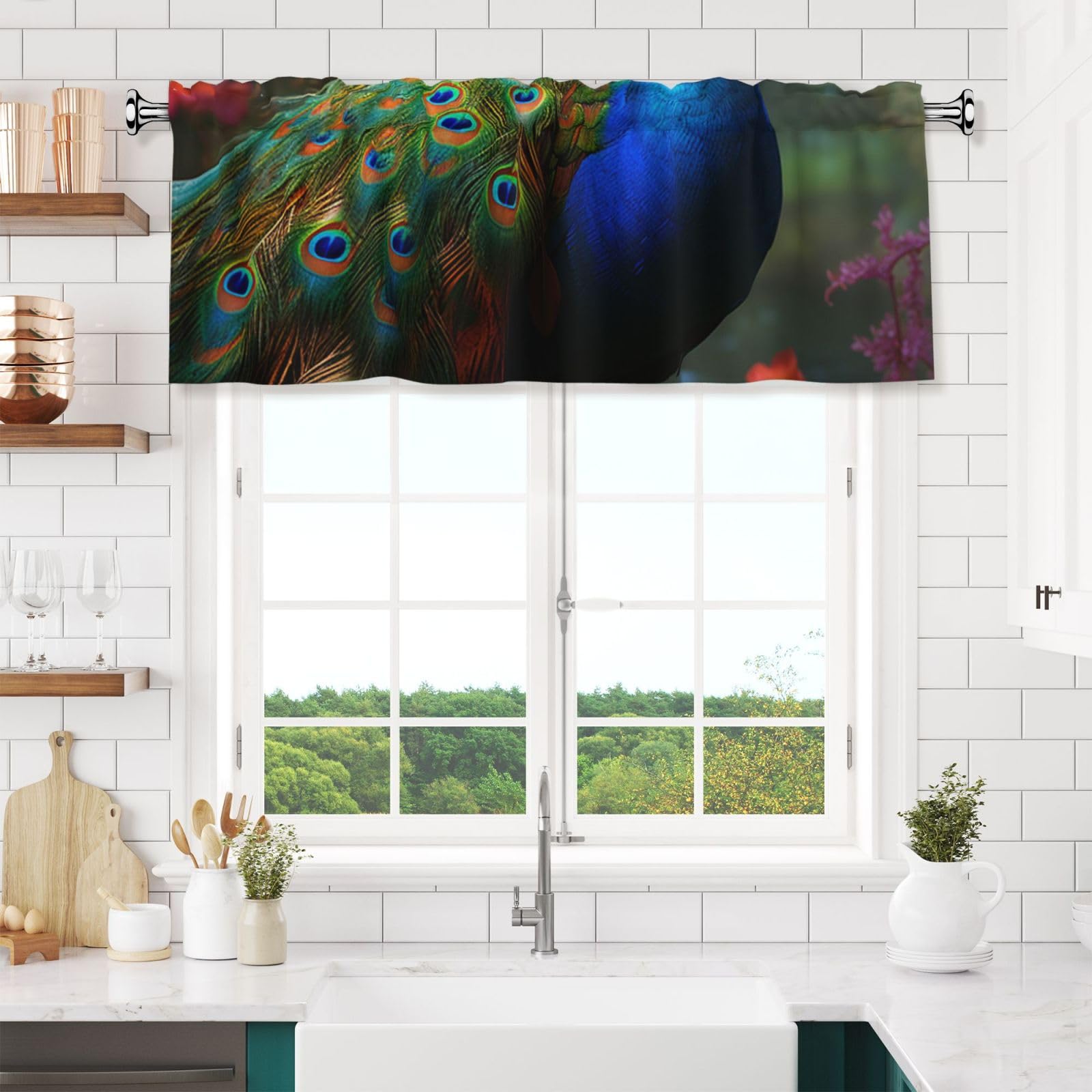 NONHAI Colorful Peacock Valances for Windows Short Curtains Rod Pocket Cafe Window Treatments Valance Curtains for Kitchen Bathroom Laundry Basement Windows 54x18inch Blackout Window Valance