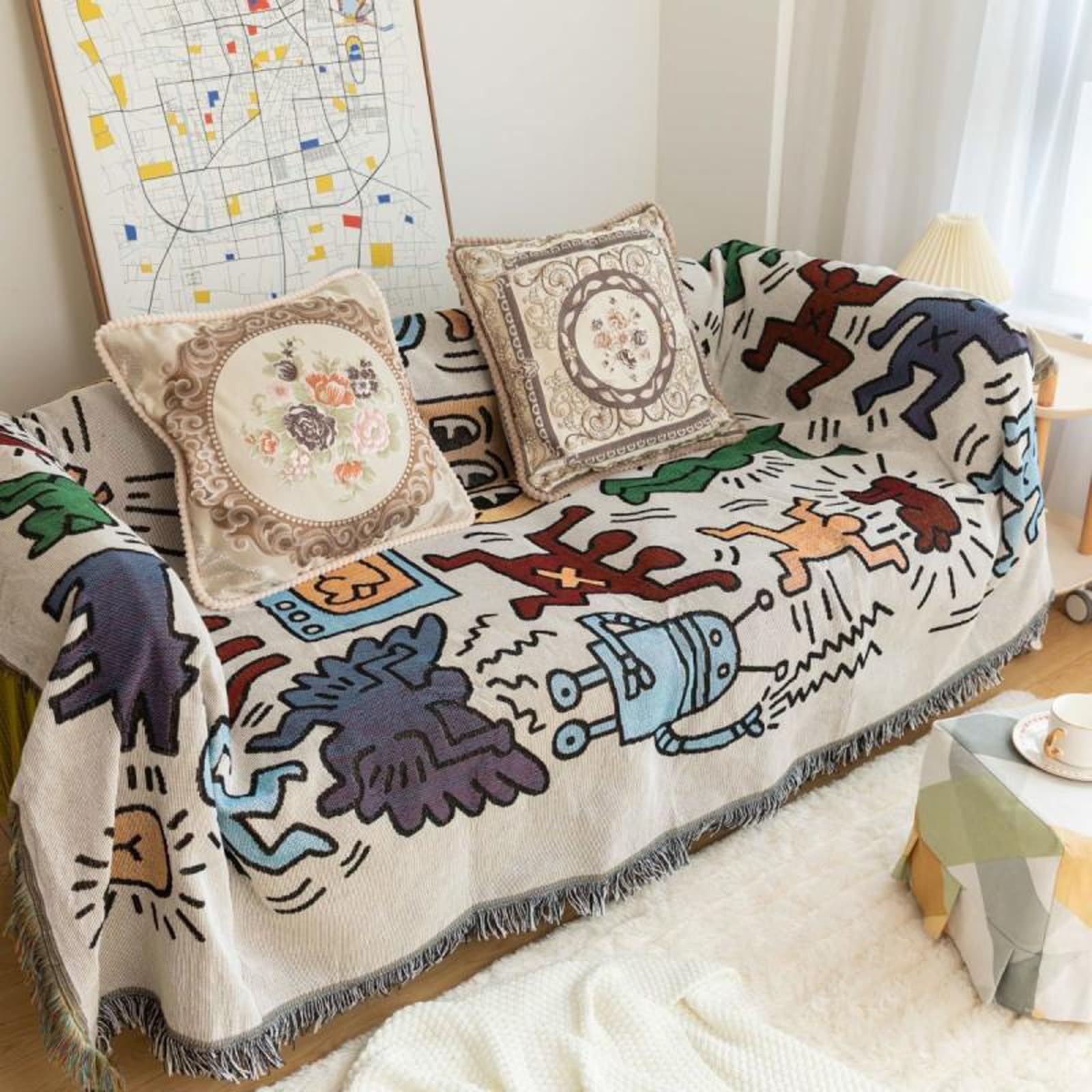 Housse de canapé 2 places à pompons 180x130cm chic et lavable