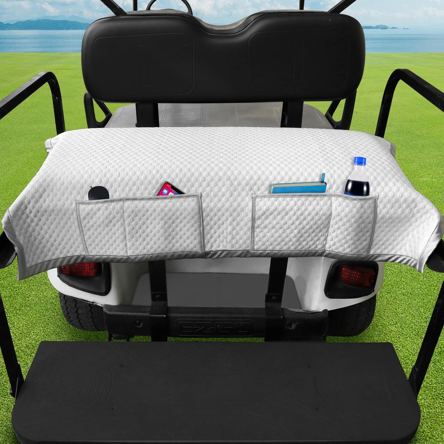 Golf Cart Rear Seat Blanket for EZGO, Club Car, Yamaha , Enhanced Quality Material, 43.7''x 29.1'',Easy to Install and Clean, 4 Convenient Pockets, Gray Golf Cart Back Seat Covers, Double Non-Slip