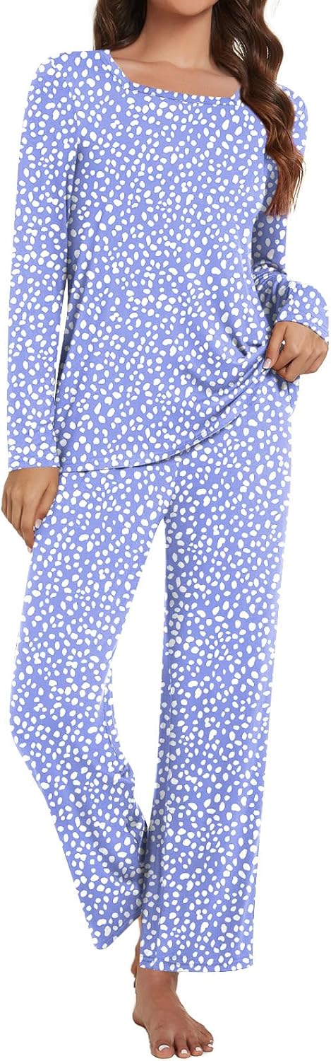 Anydeer Women's 2 Piece Fall Pajama Set Square Neck Long Sleeve Loose Pjs Lounge Pants With Pockets Spotted Blue Medium