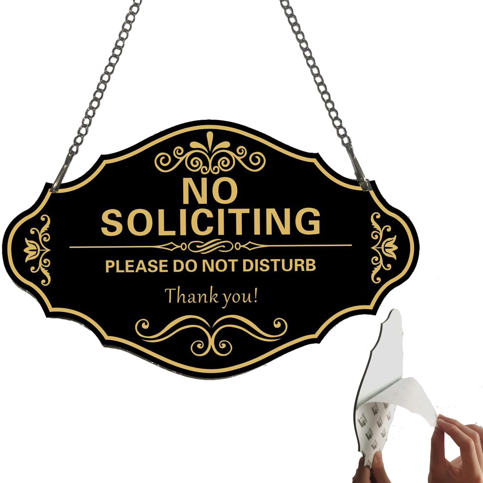 BSTIONYI No Soliciting Sign for House,Thick Acrylic Self-Adhesive Funny Sign with Chain for Home Office Store Wall Decor (Black Do Not Disturb, 8×5 inch)