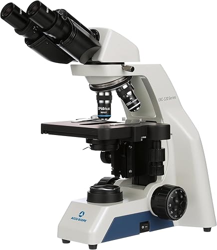 Microscopio compuesto EXC-120 de Accu-Scope - cabeza binocular, aumento 40-1000X, objetivos del acromato, etapa mecánica