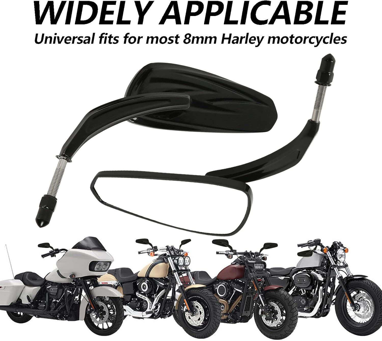 8mm Rearview Mirrors Universal Black Compatible with Harley Road King Sportster Street Electra Glide Softail Dyna Road Glide 1982-2025 360°Adjustable Motorcycle Side Mirror (1 Pair)