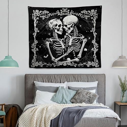Miniatura 8 de WOASTUFF Impreso, no reactivo a los rayos UV, tapiz para amantes de los esqueletos, tapiz blanco y negro, tapiz de pared de 51 x 59 pulgadas, arte