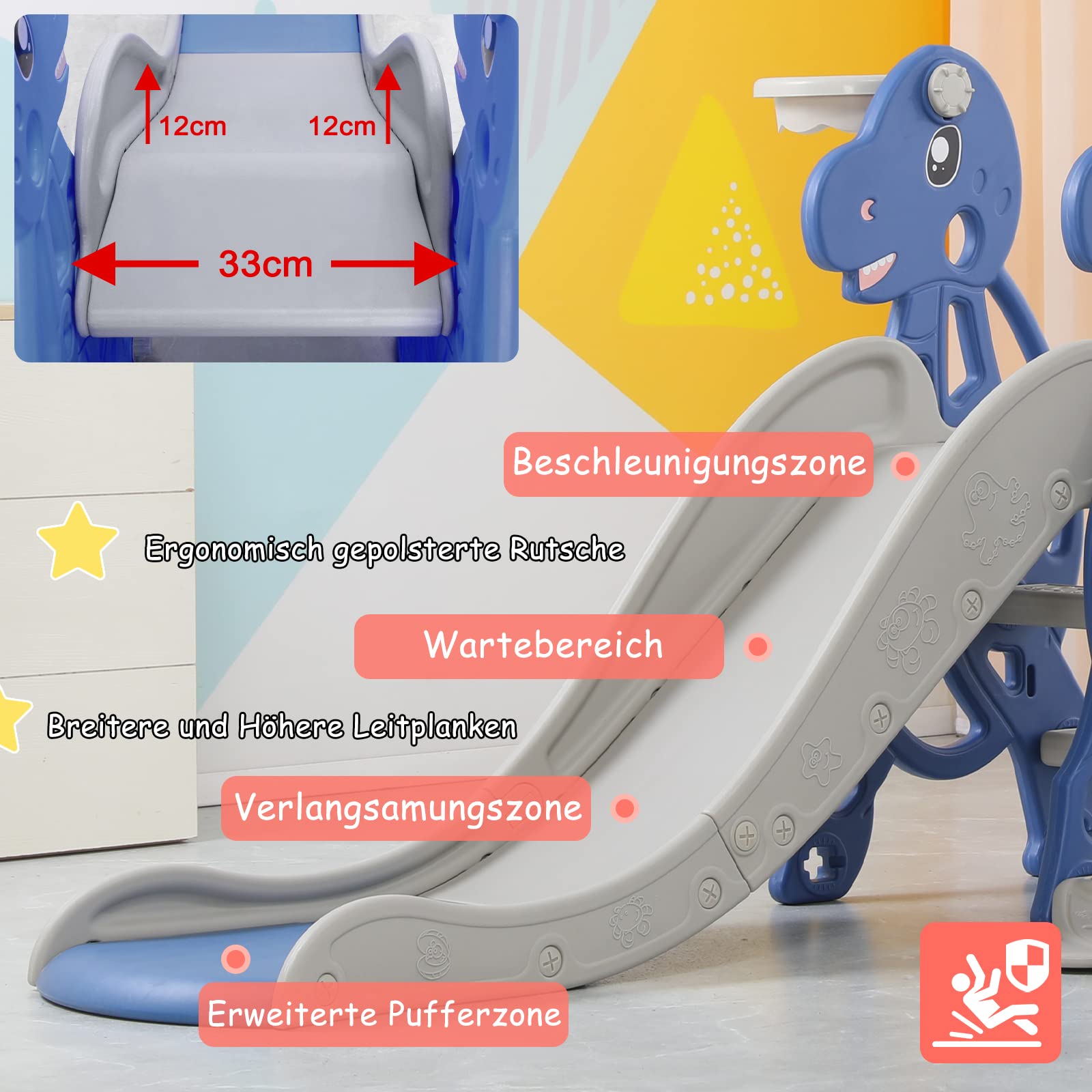 FIVMEN Zjeżdżalnia dziecięca 4 w 1, zestaw do zabawy dla dzieci, do użytku wewnątrz i na zewnątrz, z koszem do koszykówki i krzesłem bujanym, dla dzieci o wadze maks. 50 kg od 1 do 6 lat (typ B, szyna