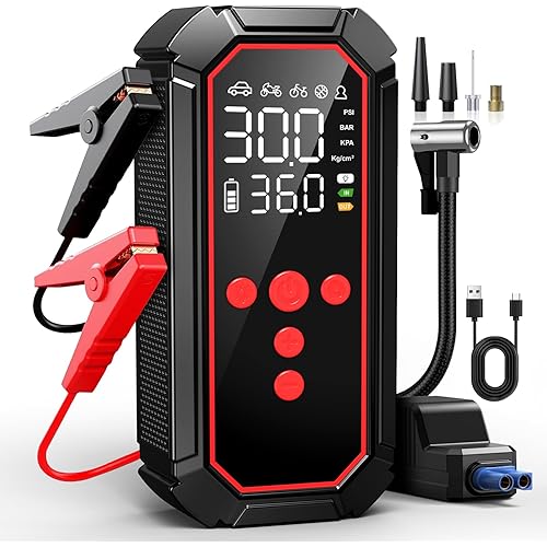 Jump Starter with Air Compressor 4000A Peak, Car Battery Jump Starter Portable (All Gas/10L Diesel),160PSI 12V Automobile Jump Box Pack Chargers with Jumper Cables 4-Mode LED Lights