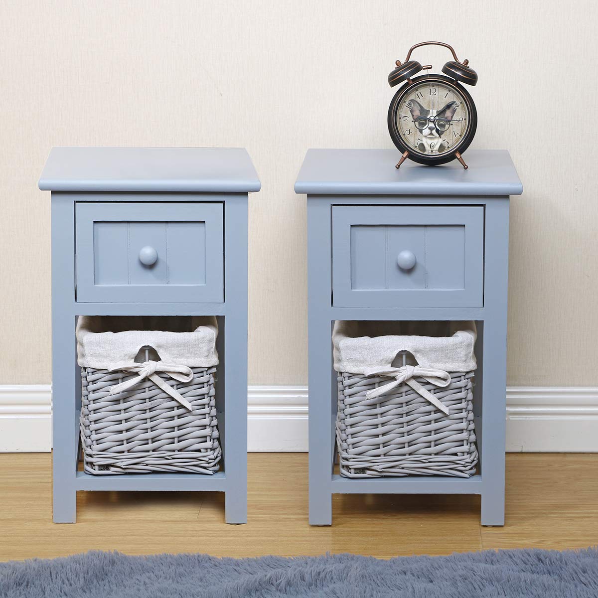 Small Bedside Table Set of 2, Retro Bedside Table with Wicker Basket