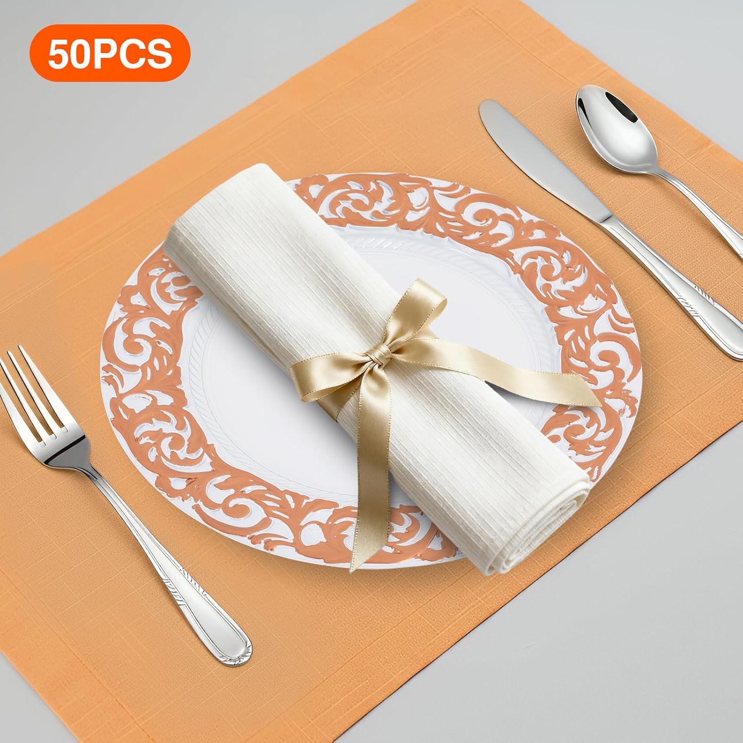 13 Inch Charger Plates Set of 50 - Elegant White+Rose Gold Plastic Dinner Plates for Weddings, Holiday Parties & Events, Reusable Classic Chargers for Table Decor (White+Rose Gold)