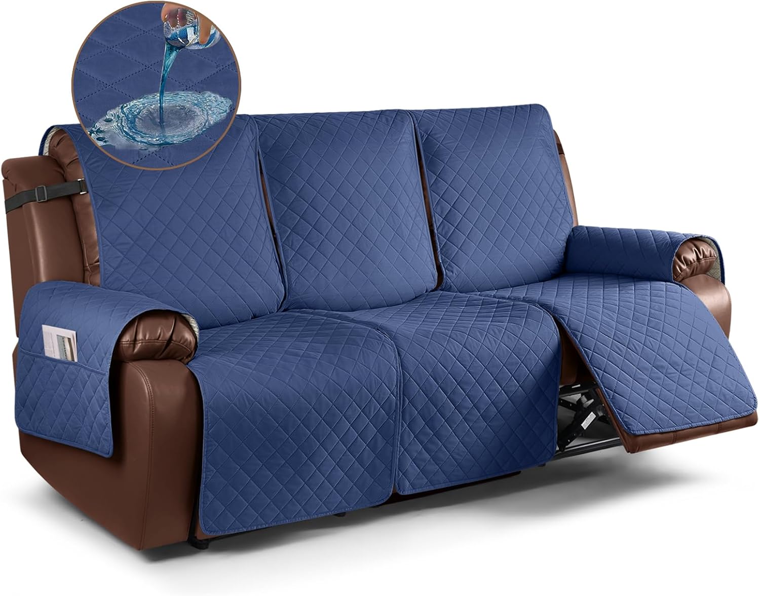 KinCam Waterproof Recliner Sofa Cover, Non-Slip Reclining Couch Covers for 3 Seat, Recliner Couch Cover Furniture Protector with Elastic Straps for Pets, Kids, Blue