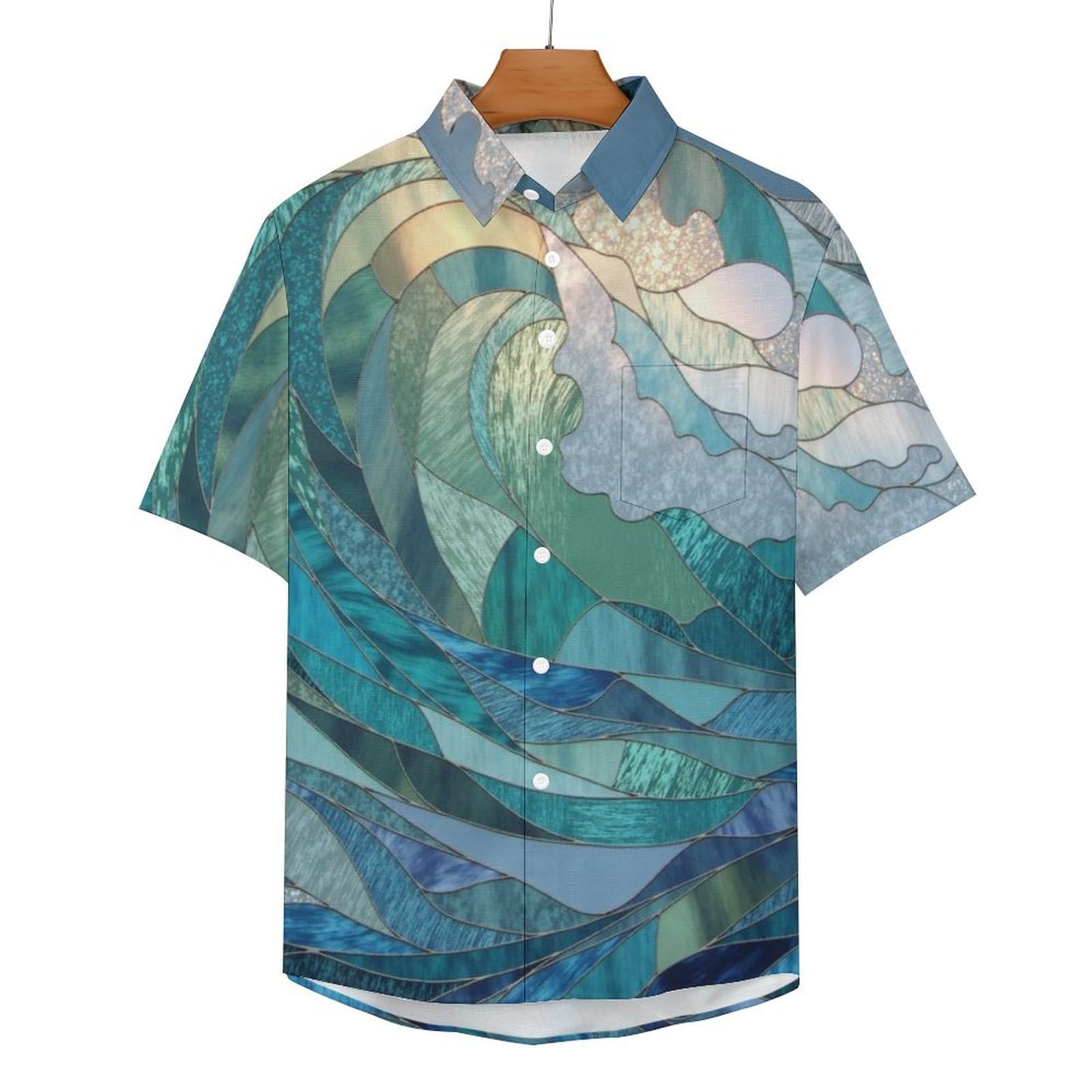 Funky Camicia Hawaiana Uomo, Manica Corta Design Aloha Camicie con Bottoni, Estiva Camicie a Onde Oceaniche su Lastra di Vetro Casual Stampa Spiaggia Estate Arte Astratta Camicia