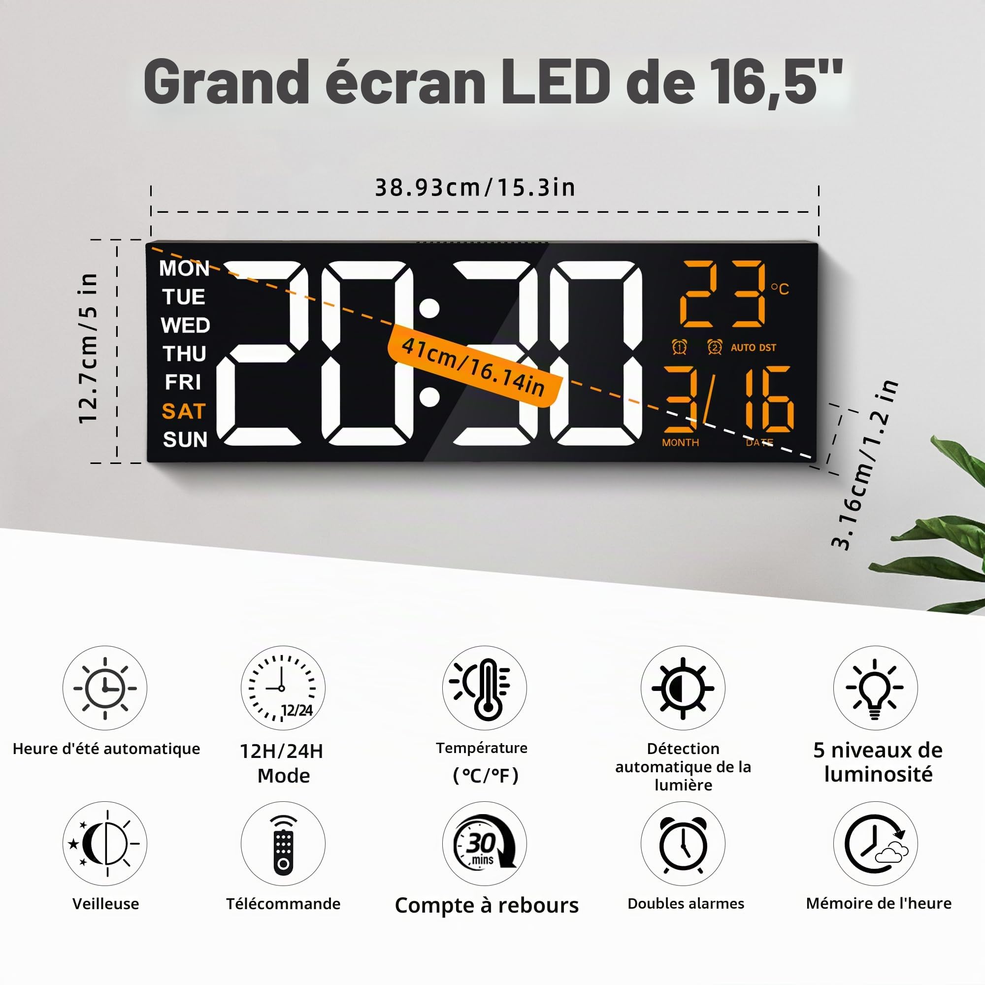 Maxstar 16 "Grande Horloge Murale numérique avec 8 Affichage à LED RVB et télécommande,Double alarmes,DST,température,Date,lumière de Nuit pour Chambre/Bureau/Salon/Boutique/Gym/Salle de Jeux