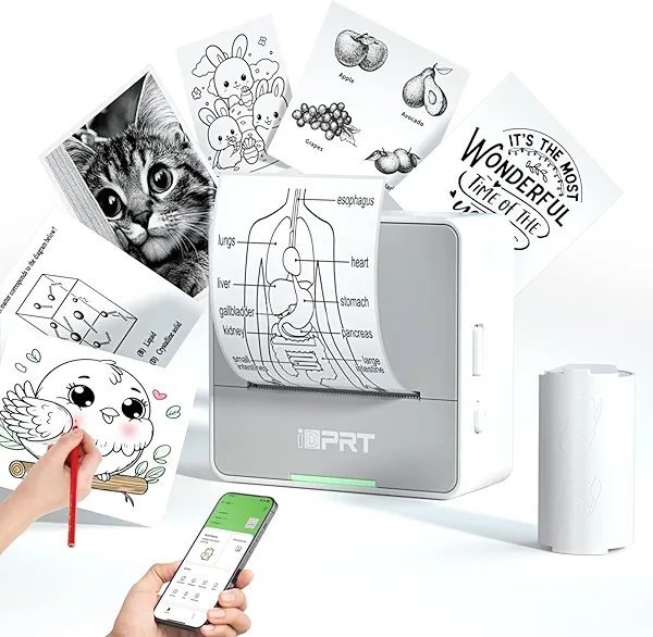 iDPRT Mini Printer with 1 Roll Sticker Paper, Portable Sticker Maker Machine Efficiently and Quickly, Thermal Printer for Study Notes, Pictures, DIY, Label, Free App with Multiple Templates,