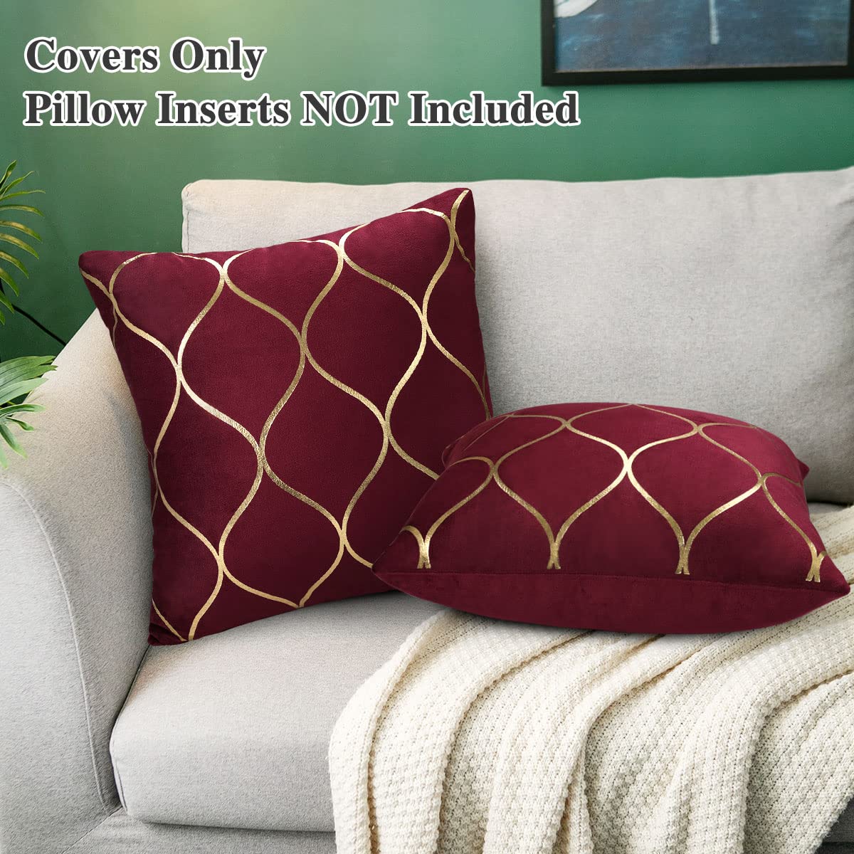 CaliTime Kissenbezug-Set – 2 Weiche Wurfkissenhüllen Mit Blattmuster In Burgund/Gold, 40x40 Cm Für Sofa & Wohnzimmer