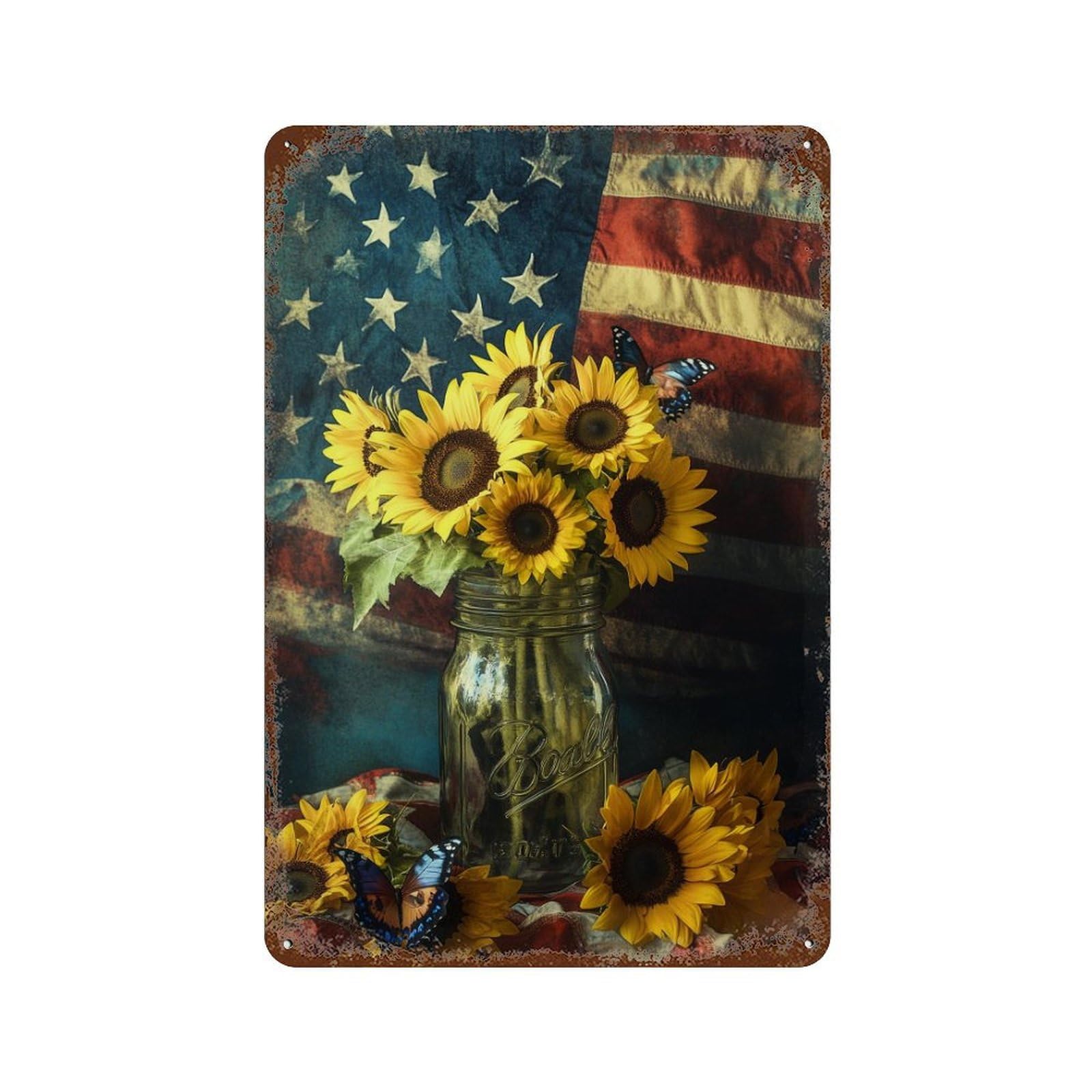 American Flag Sunflowers Bouquet Retro Metal Sign 11.8"x7.9", Decorative Metal Wall Art for Basement, Hobby Room And Garage Decor
