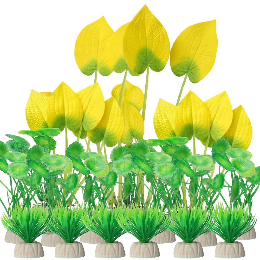 BEGONDIS 15-Piece Lifelike Plastic Aquarium Plants Set, Vibrant Underwater Garden (Yellow), Normal