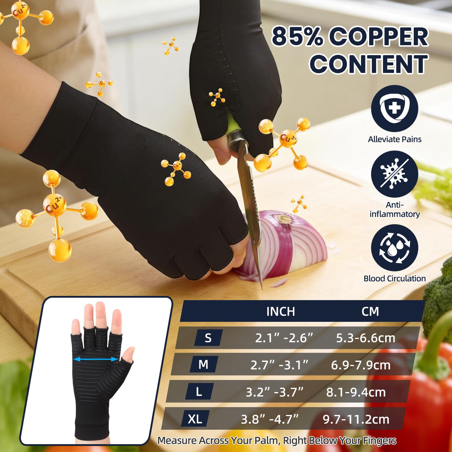 Big Mango Paquete de 2 pares de guantes de cobre para artritis, guantes de compresión para mujeres y hombres, alivian el dolor de la artritis reumatoide, túnel carpiano, hinchazón, soporte diario de