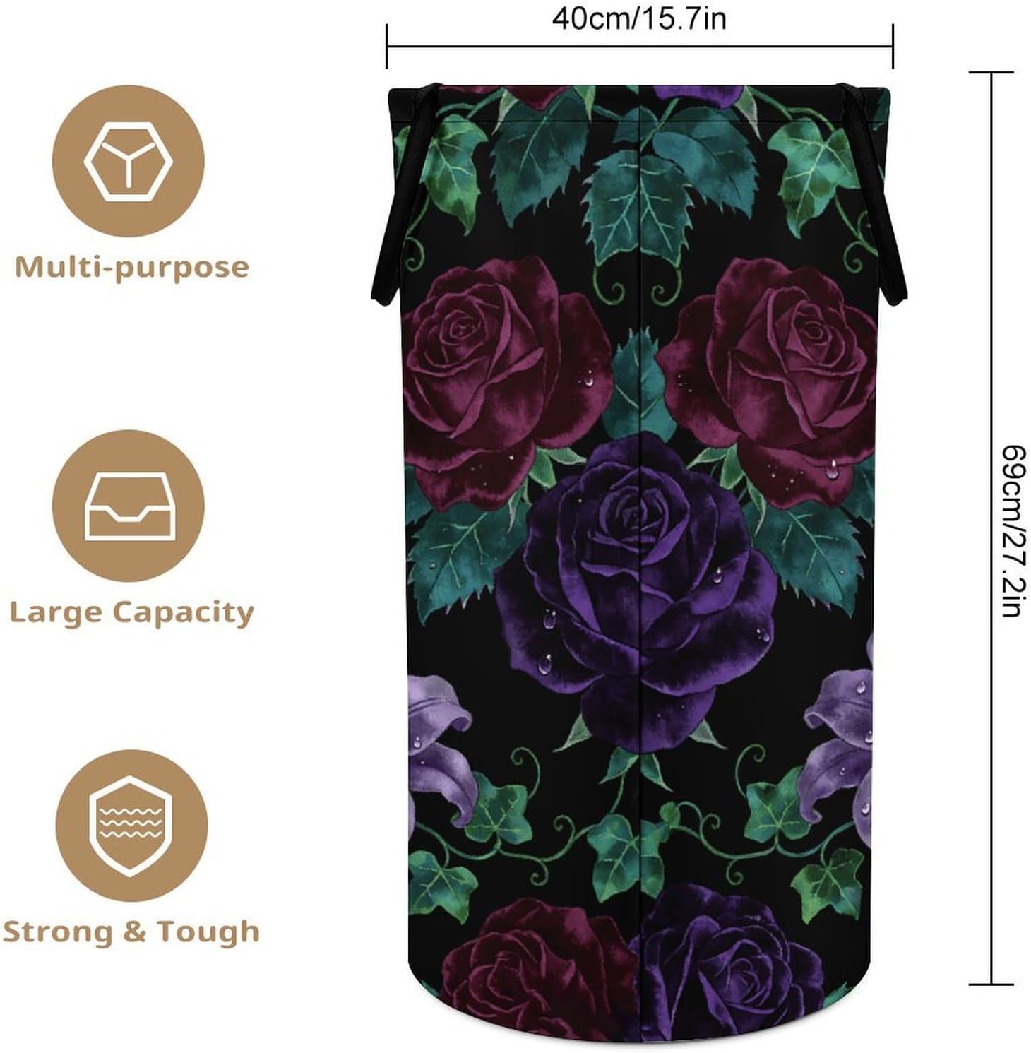 Dark Floral Pattern Laundry Hamper 86L Waterproof Collapsible Clothes Basket with Double Handles Freestanding Foldable Laundry Basket Large Clothes Hamper for Bathroom