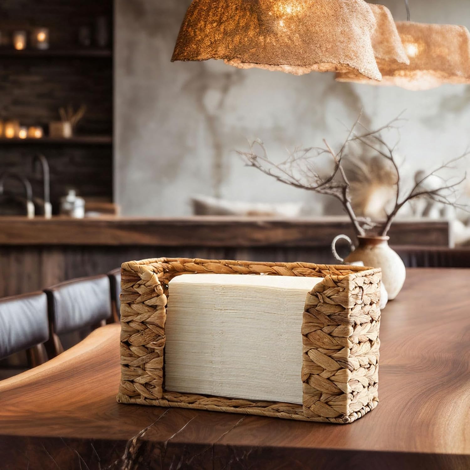 LemonRoad Water Hyacinth Guest Towel Holder for Bathroom, Handwoven Wicker Napkin Holder for Countertop, Rustic Farmhouse Paper Towel Organizer for Kitchen Vanity, Fits C-fold & Multi-fold, Natural - Image 3