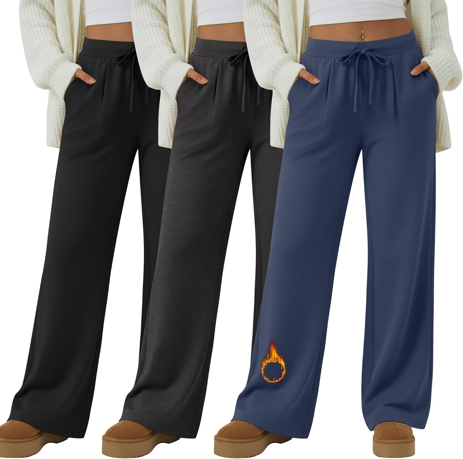 3 Pack Women's Fleece Lined Wide Leg Lounge Sweatpants Casual Thermal Drawstring Yoga Pants with Pockets