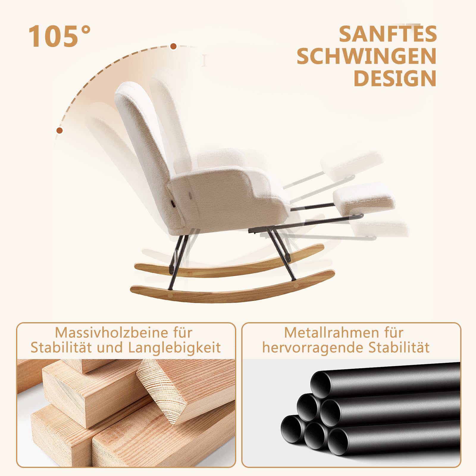 Schaukelstuhl mit Fußstütze, Schaukelsessel mit Fußstütze, Teddystoff Gepolsterter Lesesessel Relaxstuhl Sessel mit Holzkufen für Wohnzimmer Schlafzimmer, Elfenbeinweiß