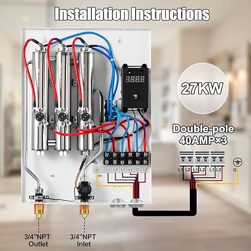 Miniatura 6 de Calentador de agua eléctrico sin tanque de 27 KW, calentador de agua eléctrico sin tanque de 240 V con auto modulado para ahorrar energía,