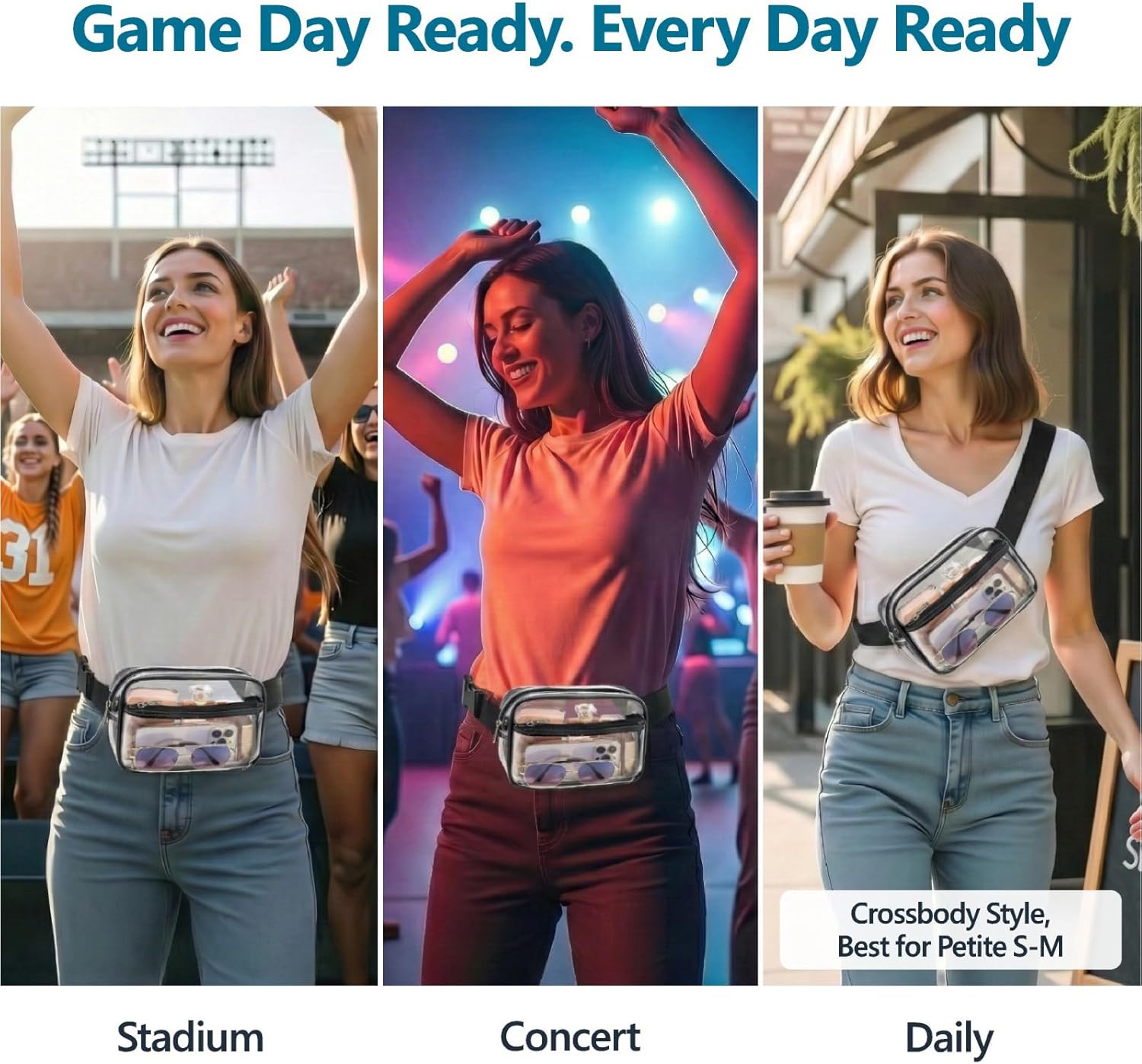 Veckle Clear Fanny Pack Stadium Approved - Plus Size 35-51 Inch Adjustable Strap Transparent Belt Bag for Women Men Fits 7.5" Smartphone, Crossbody Clear Bag for Stadium Events Sports Concerts, Black - Image 8