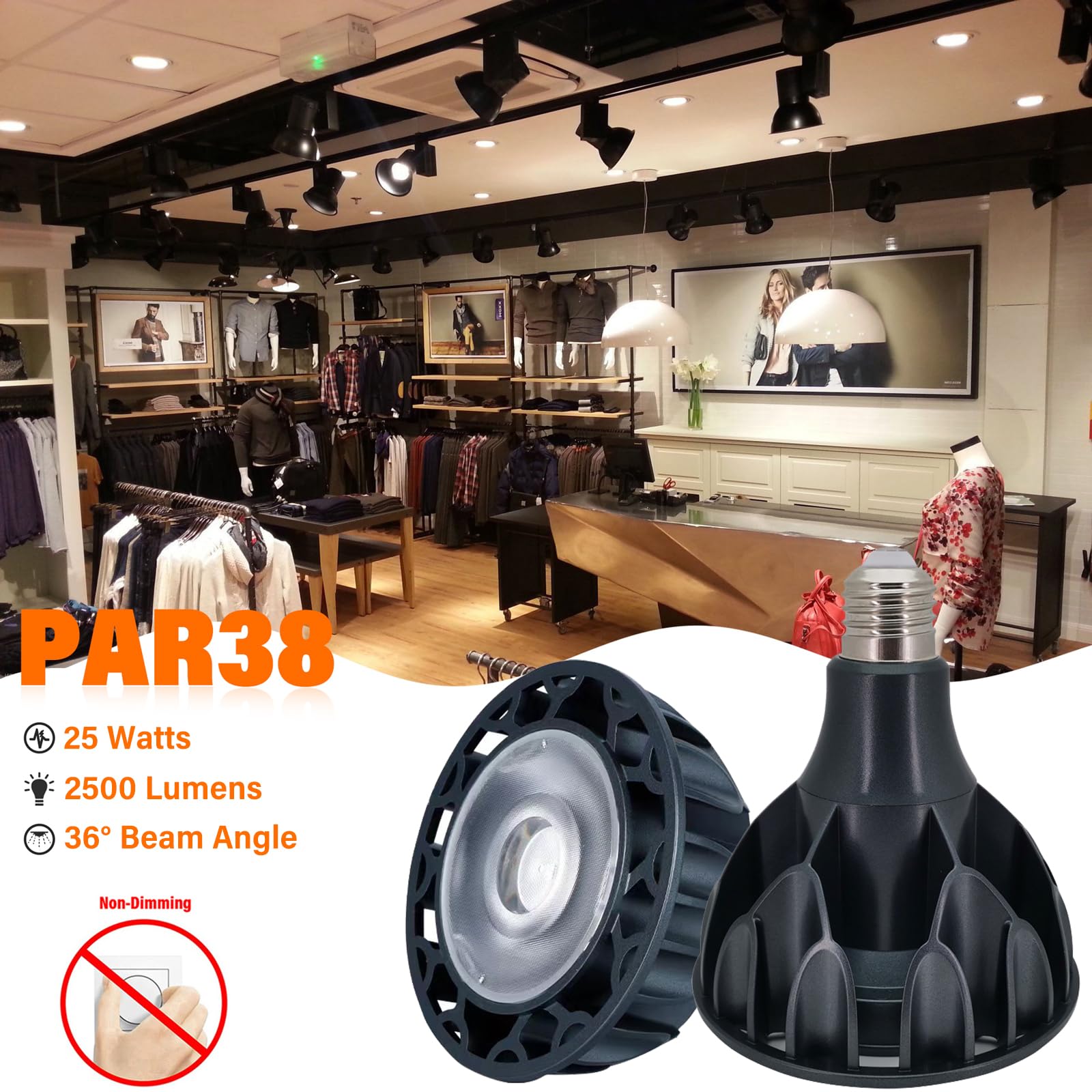 Bombilla LED COB PAR38 de 25 W, 2500 lúmenes, ángulo de haz de 36°, CA 85 V-265 V, base E26/E27, no regulable (8 piezas)