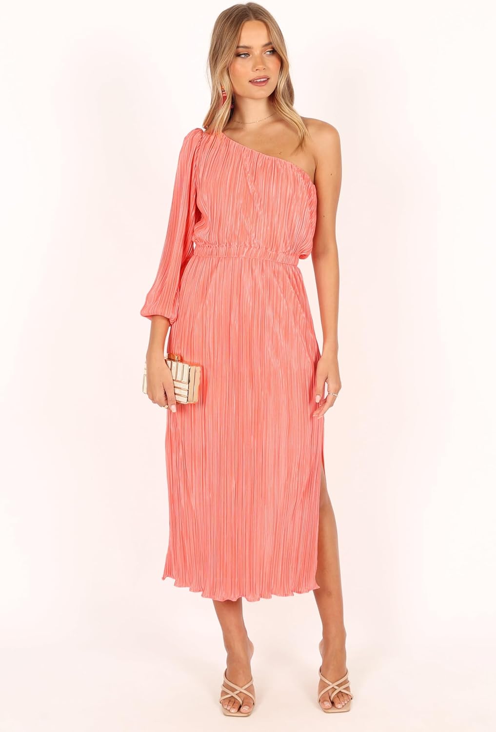 Pontee One Shoulder Pleated Midi Dress - Coral XS - Image 2