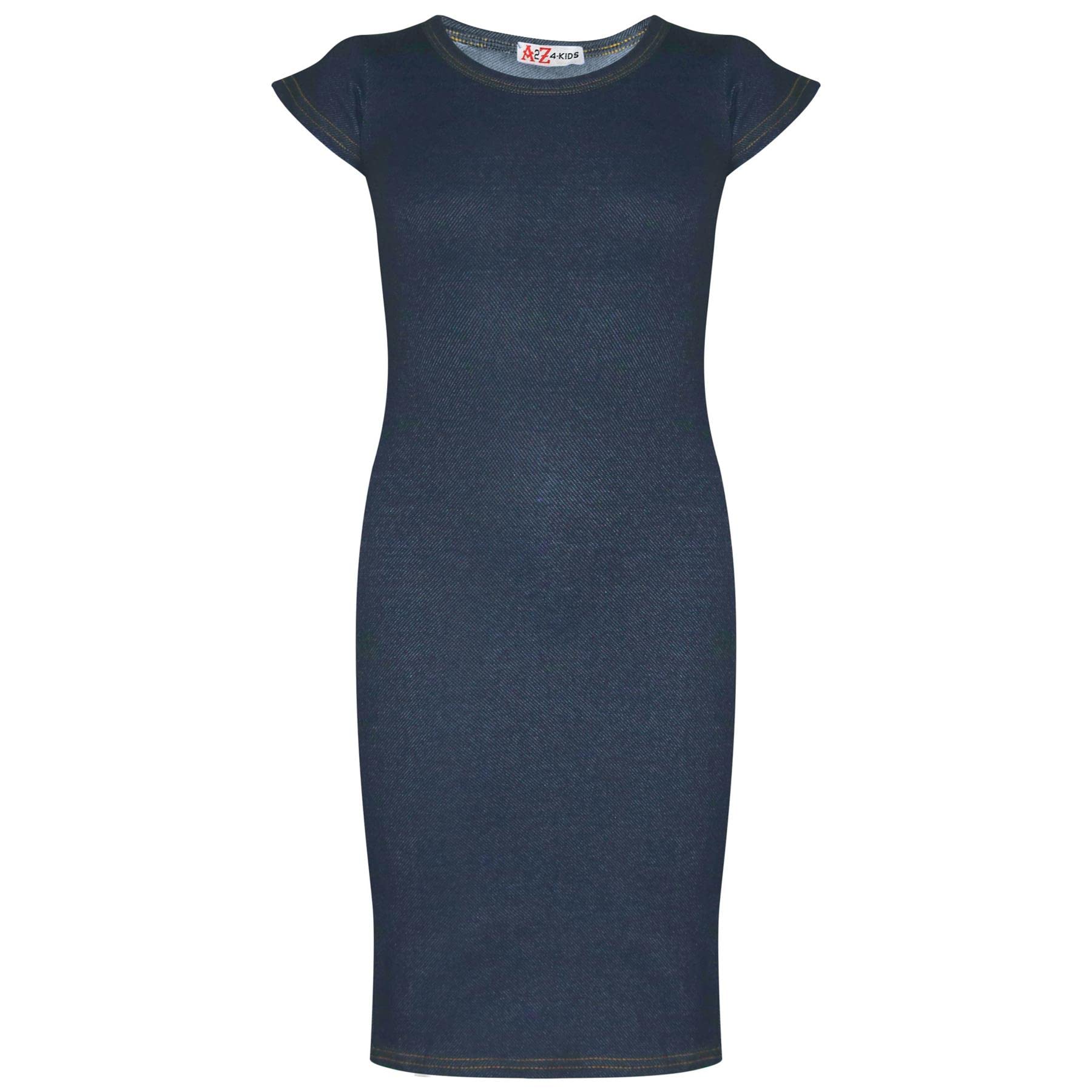 A2Z 4 Kids Girls Bodycon Midi Dress Short Sleeve Long Length Plain - Midi Dress Denim Blue 7-8
