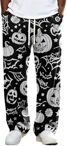 Men's Baggy Sweatpants Halloween Waffle Pants Wide Leg 2026 Drawstring Horror Bl