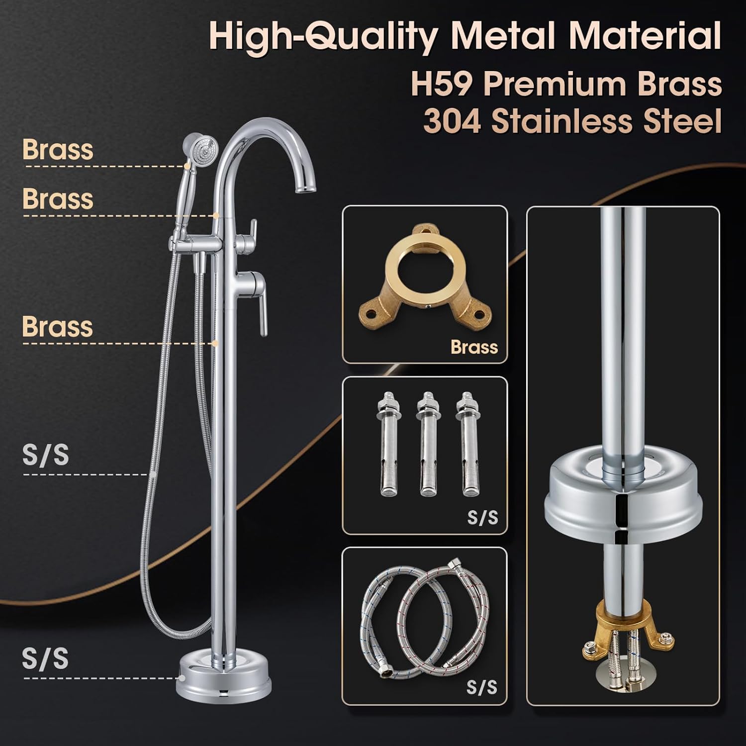 Free Standing Bathtub Faucet Brass Bathtub Faucets High Flow Soaker Tub Faucet with Vintage Handheld Sprayer Polished Chrome - Image 7