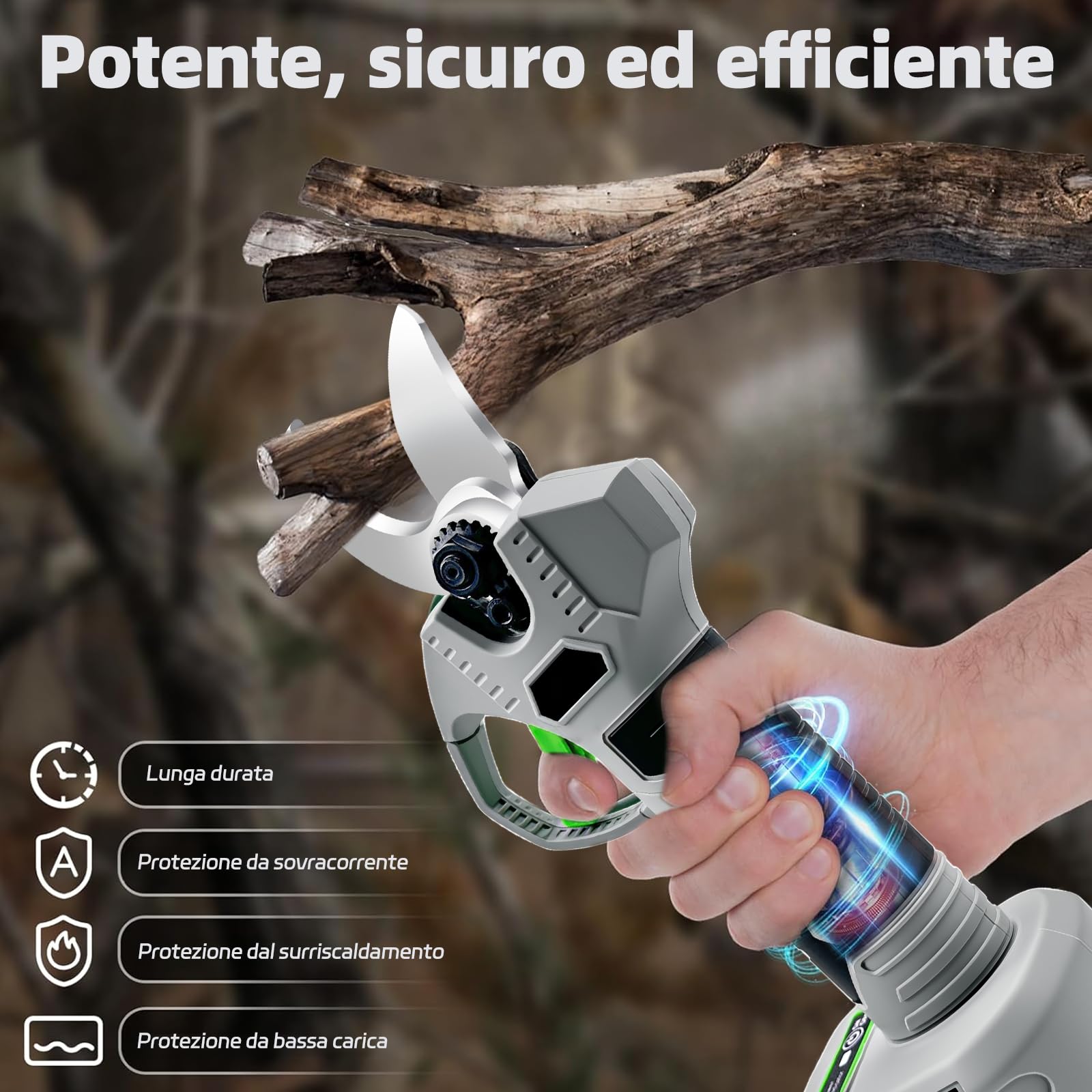 VOLTIX Forbici Potatura a Batteria 25mm, Forbici Elettriche con 2 Batterie e Lame di Ricambio, Cesoie a Batteria per Potatura per Giardinaggio, Alberi da Frutto, Vigneti
