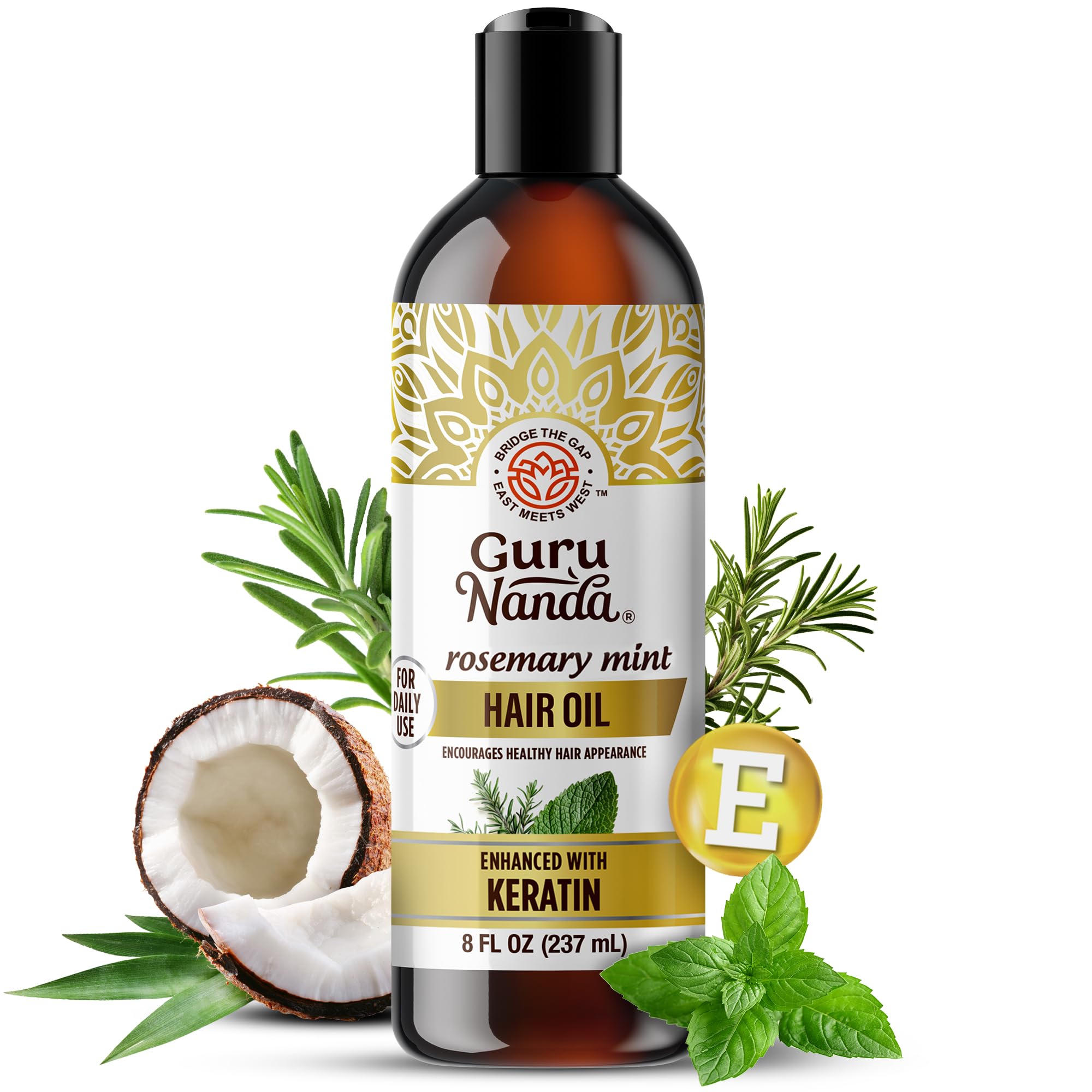 GuruNandaRosemary Mint for Hair Growth with Keratin & Vitamin E Oil - Encourages Scalp, Shine & Hair Strengthening- 100% Natural, Cruelty-Free, 8oz