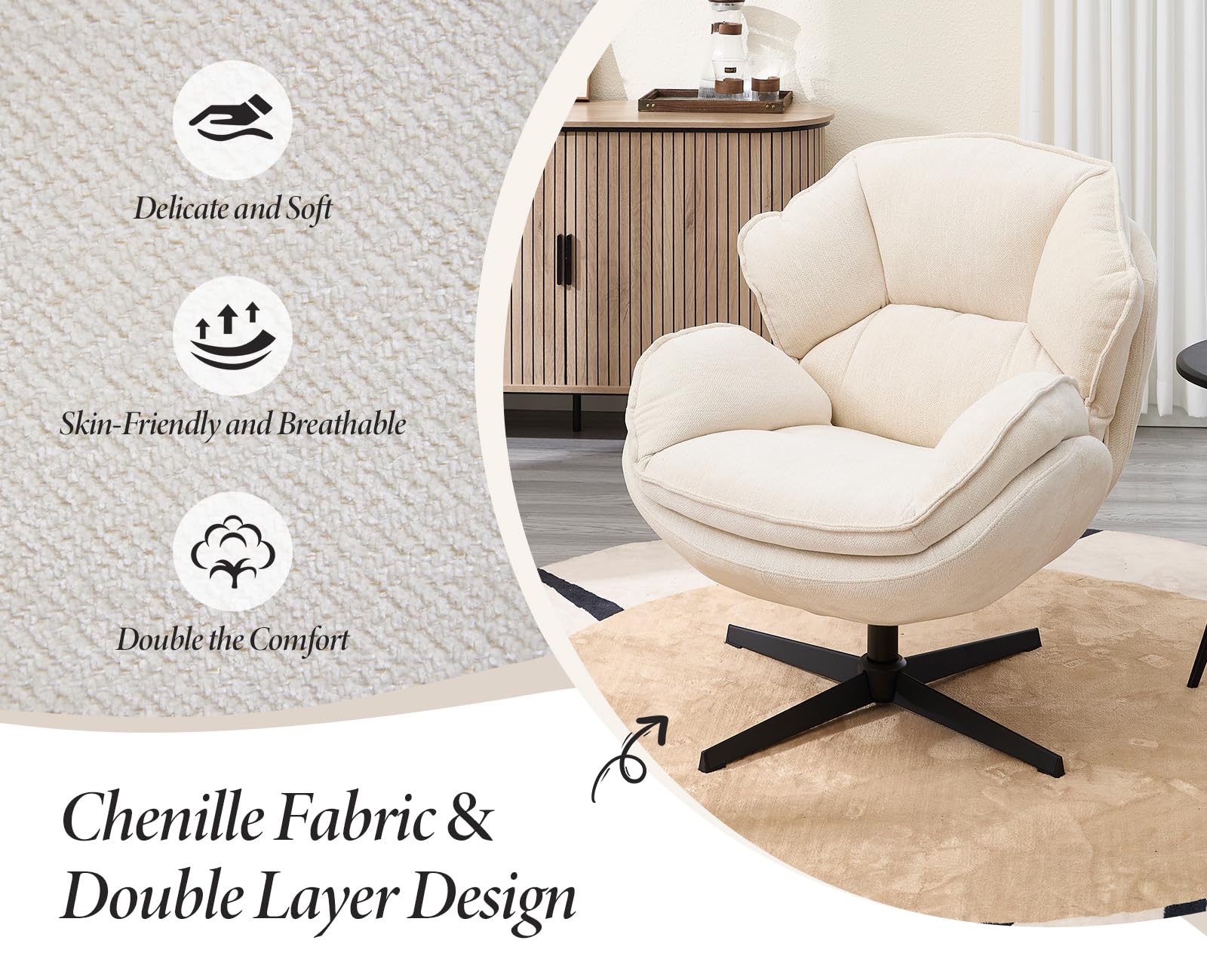 chairus Loungesessel Drehbar Armlehnensessel Wohnzimmer Chenille Gepolsterter Ohrensessel Schlafzimmer Moderner Sessel Cocktailsessel (Weiß)