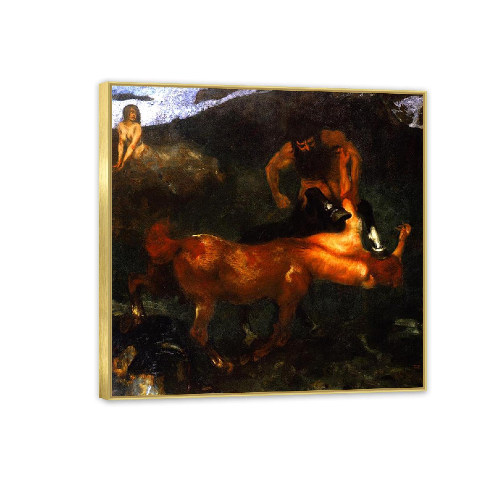 Hau3sh3a Frame Franz Von Stuck Wall Art Print Fighting Centaurs Famous Giclees Franz Stuck Picture Artwork Wall Decor For Living Room Bathroom Office 60X60cm(24X24in) Gold