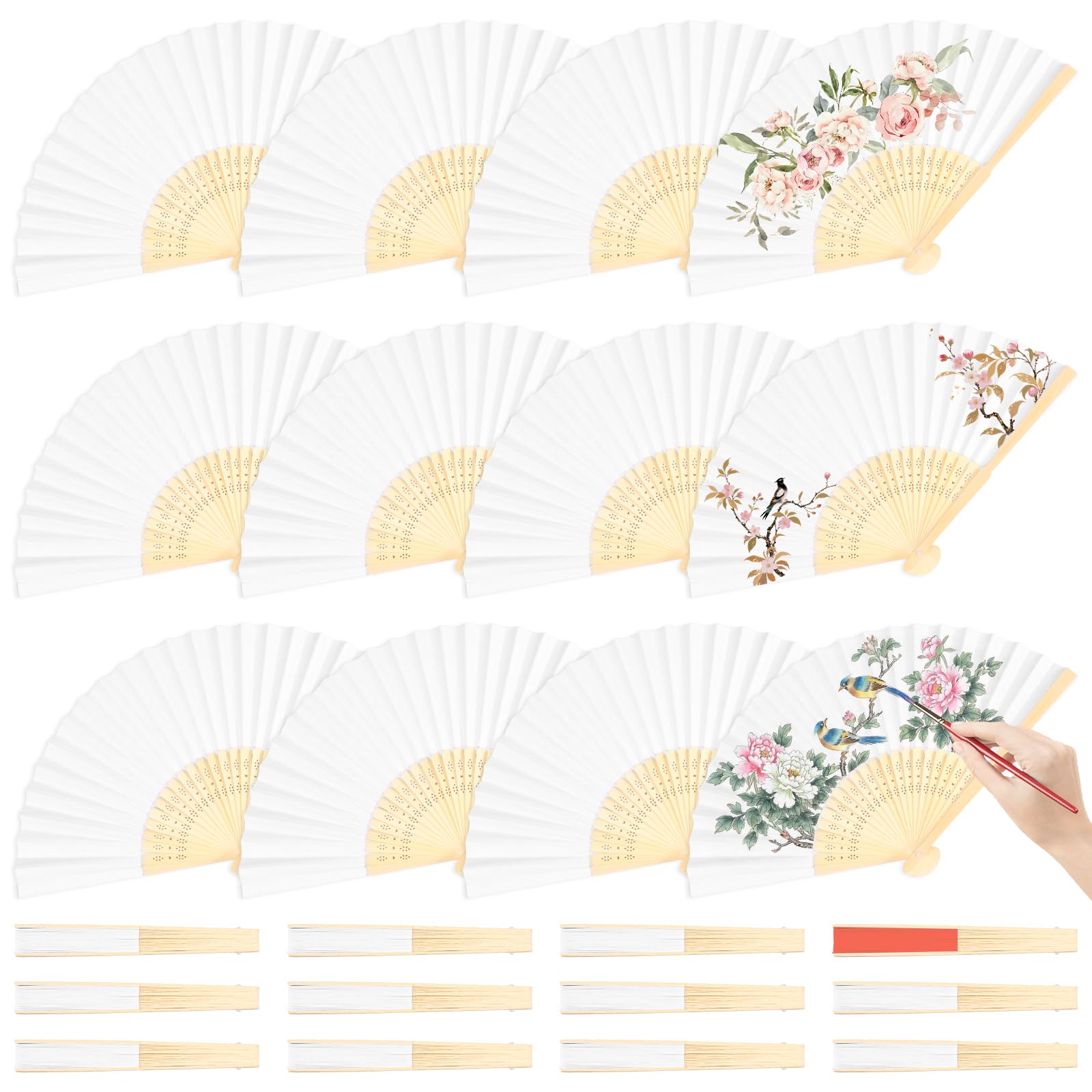 Zhjiutak 24Pcs White Paper Fans, Chinese Fan,Handheld for Painting Calligraphy Graffiti Sticker DIY Bamboo Paper Hand Fan for Wedding Decoration Photography Prop