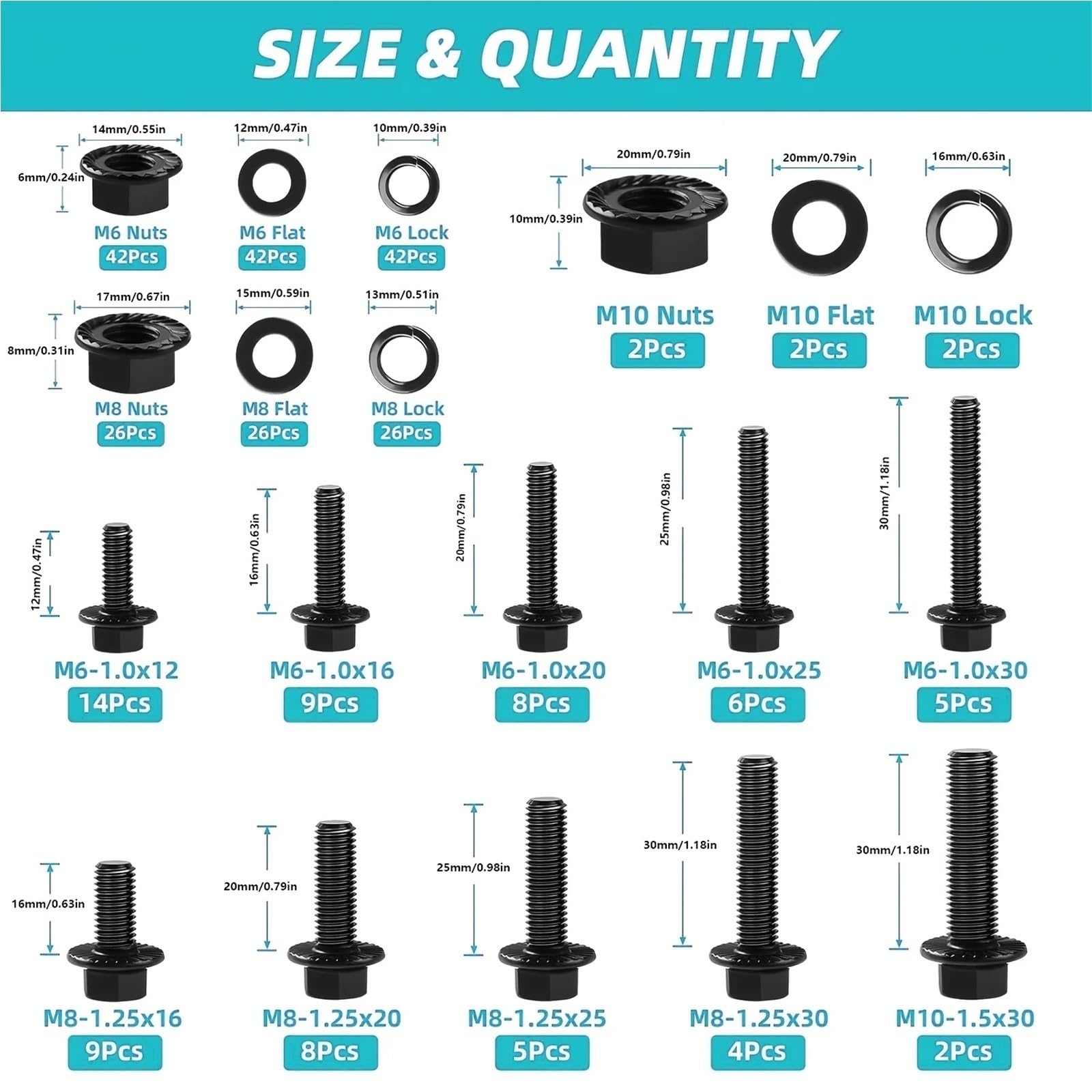 Assortiment de 280 boulons à bride métriques, M6 x 1,0, M8,25, M10,5 (12 mm 30 mm), kit hexagonaux, écrous et rondelles assortis Kit de Vis et Boulons