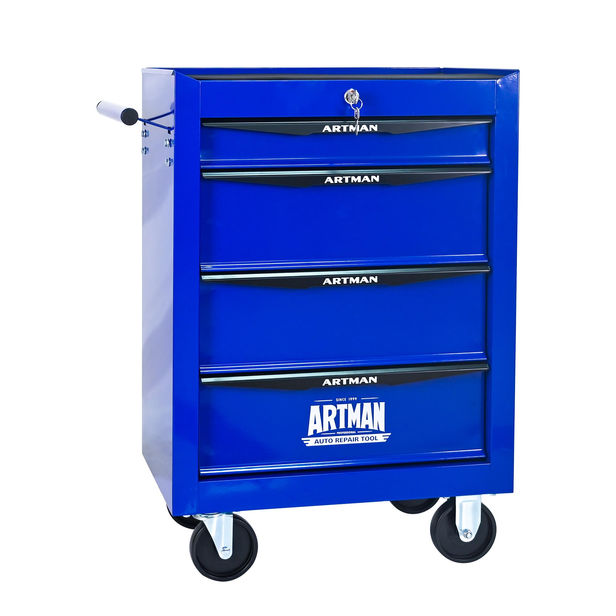 Rolling Metall-Werkzeugkiste con Steel, 4 Cassetti e Ruote con Freno, Armadio per Attrezzi 20" con Guide a Sfere, Organizzatore Garage e Officina, Nero e Blu, 52.4 x 33 x 65.6 cm